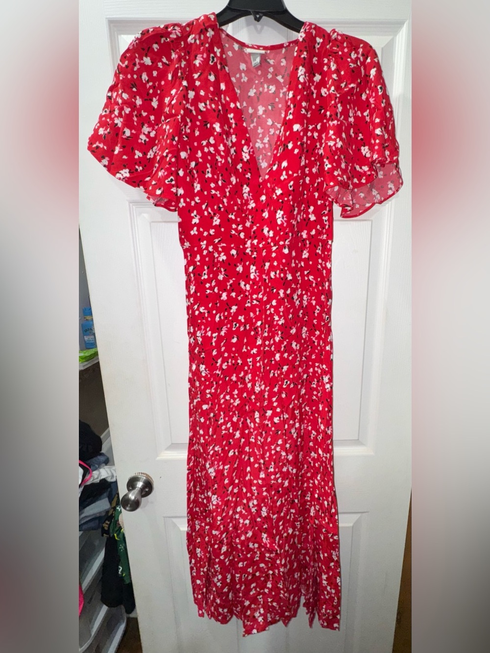 A New Day Red Floral V-Neck Flutter Sleeve Ruffle Zip Midi Dress Size 6